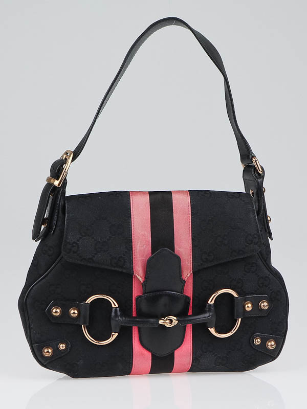 Gucci Black GG Canvas Pink Horsebit Small Shoulder Bag